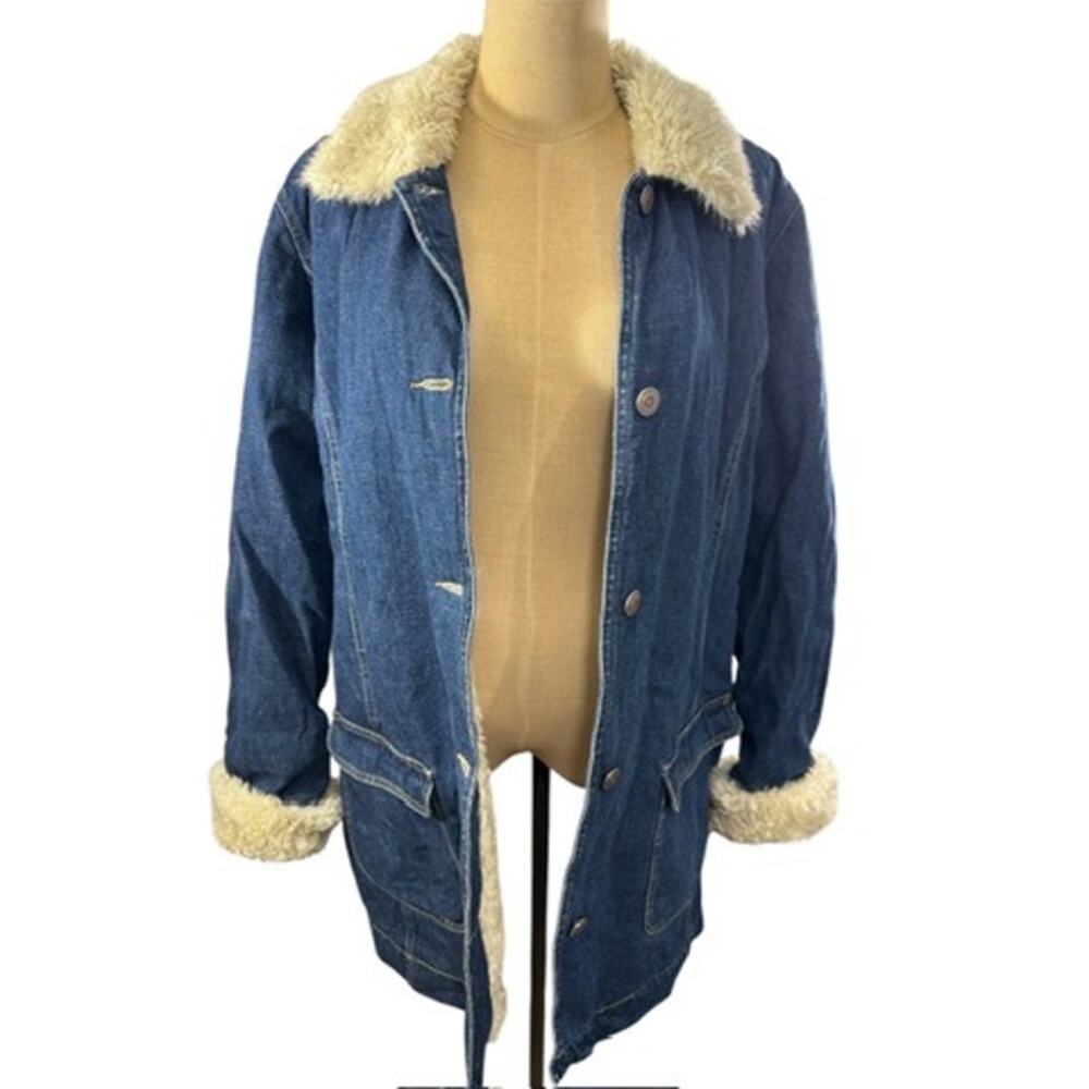 "LIZ CLAIBORNE" Vintage Faux Fur Jean Jacket Y2K HIppie Grunge  XL Chore Gypsy‎